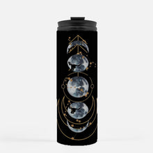 Load image into Gallery viewer, Fall Leaves Moon Phase Coffee travel mug, Witchy Thermal Tumbler 16 oz., Boho Hot Cold Drink Thermos Bottle
