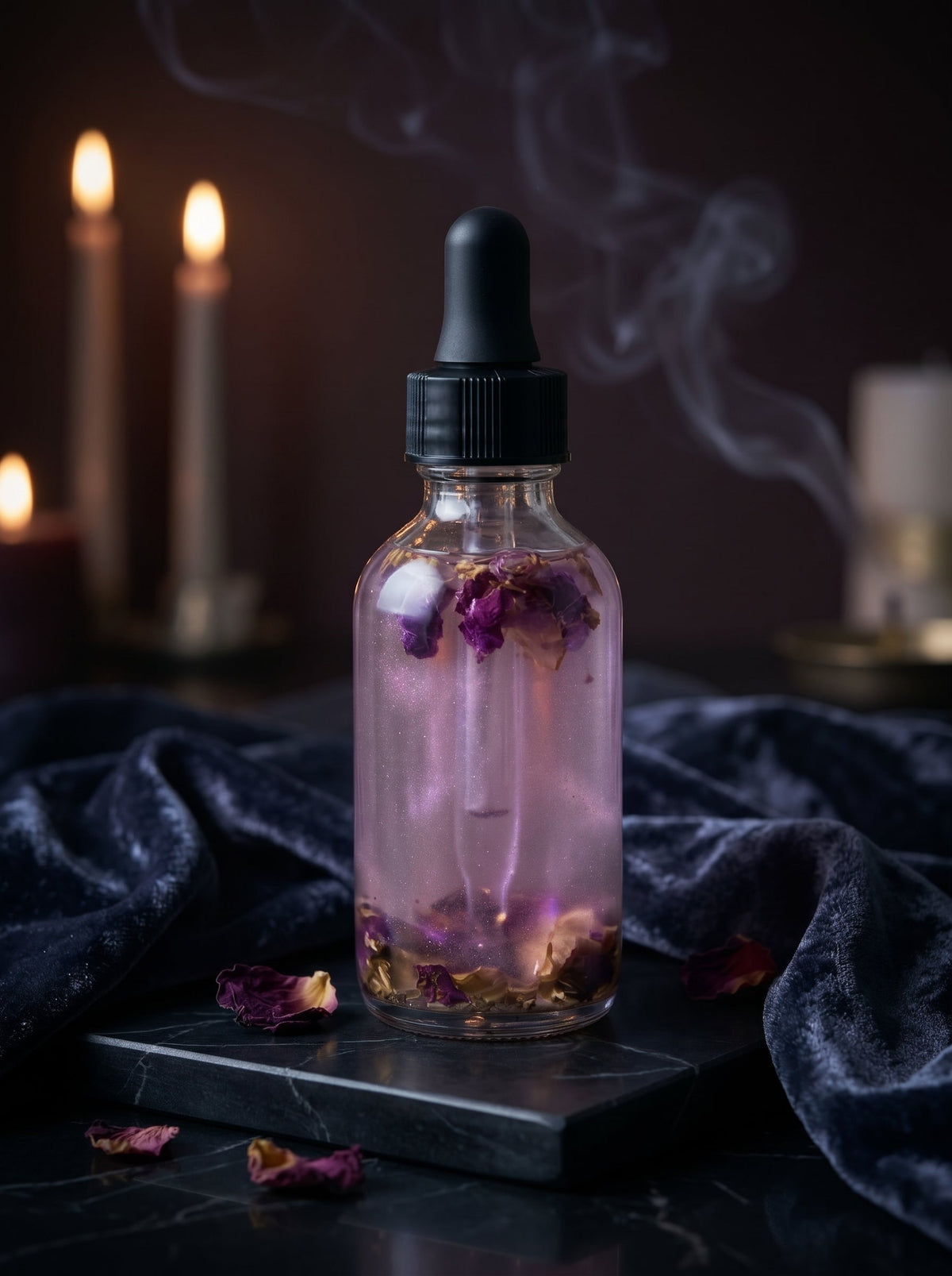 Jezebel Oil with rose petals beside candles and resin smoke